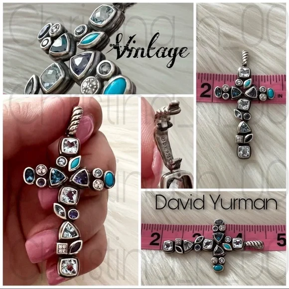 RARE David Yurman confetti diamond topaz turquoise cross pendant - Picture 11 of 11